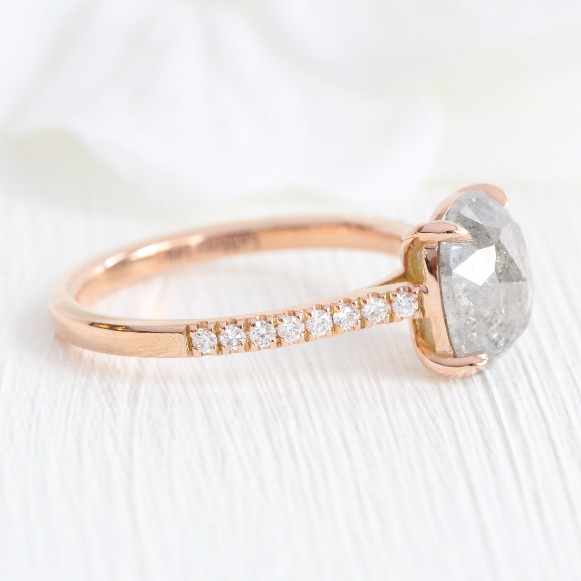 2.28 Ct Large Salt and Pepper Diamond Ring in 14k Rose Gold Solitaire Pave Band, Size 6.75