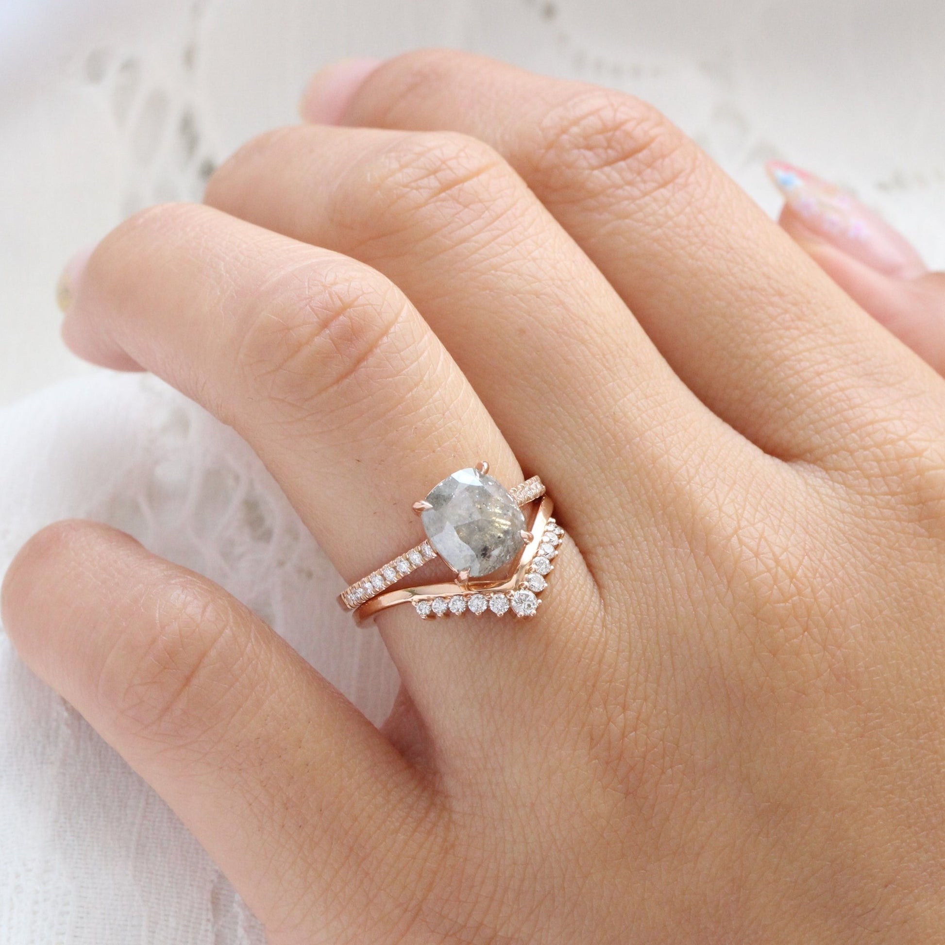 2.28 Ct Large Salt and Pepper Diamond Ring in 14k Rose Gold Solitaire Pave Band, Size 6.75
