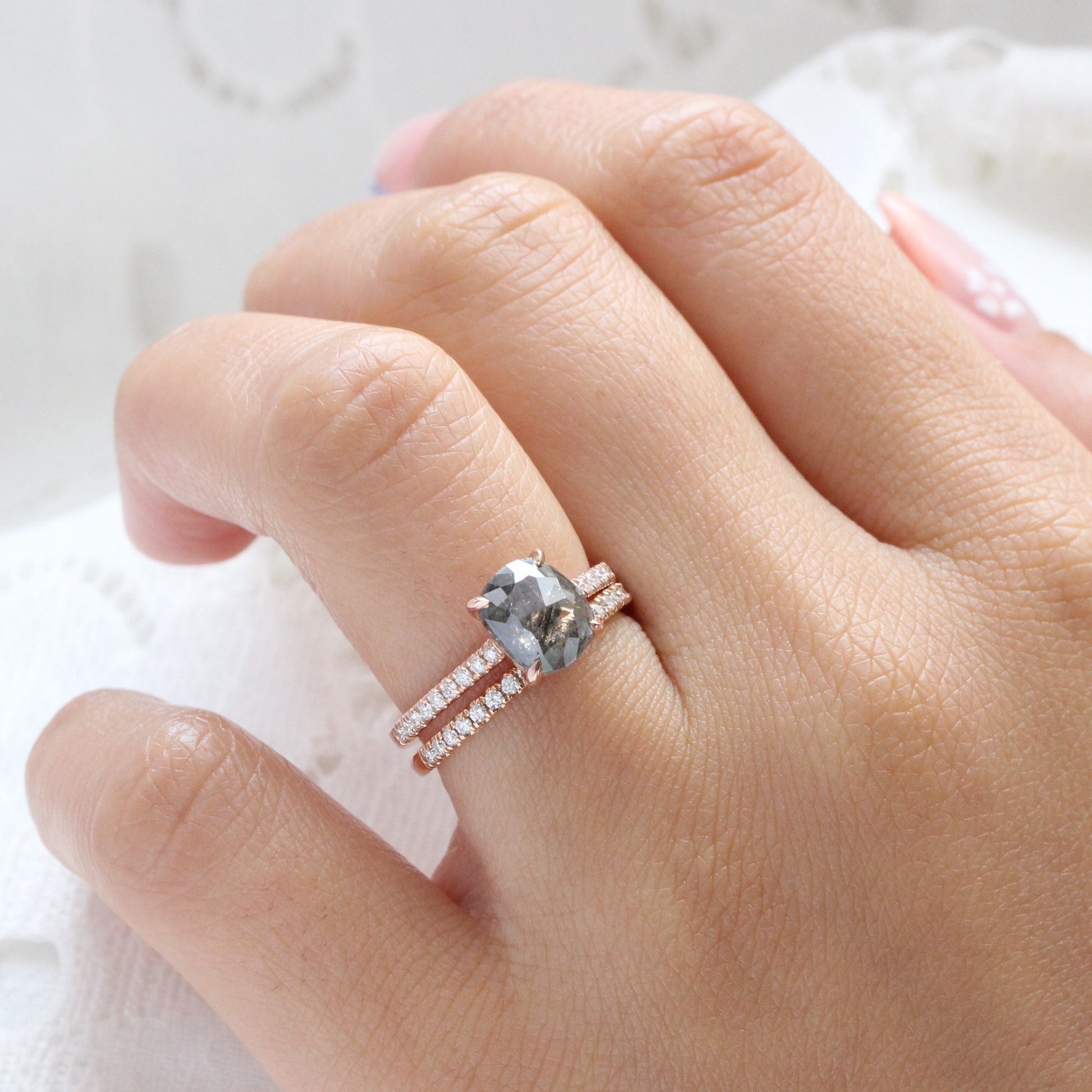 Cushion Cut Salt and Pepper Diamond Ring in 14k Rose Gold Solitaire Pave Band, Size 6.75