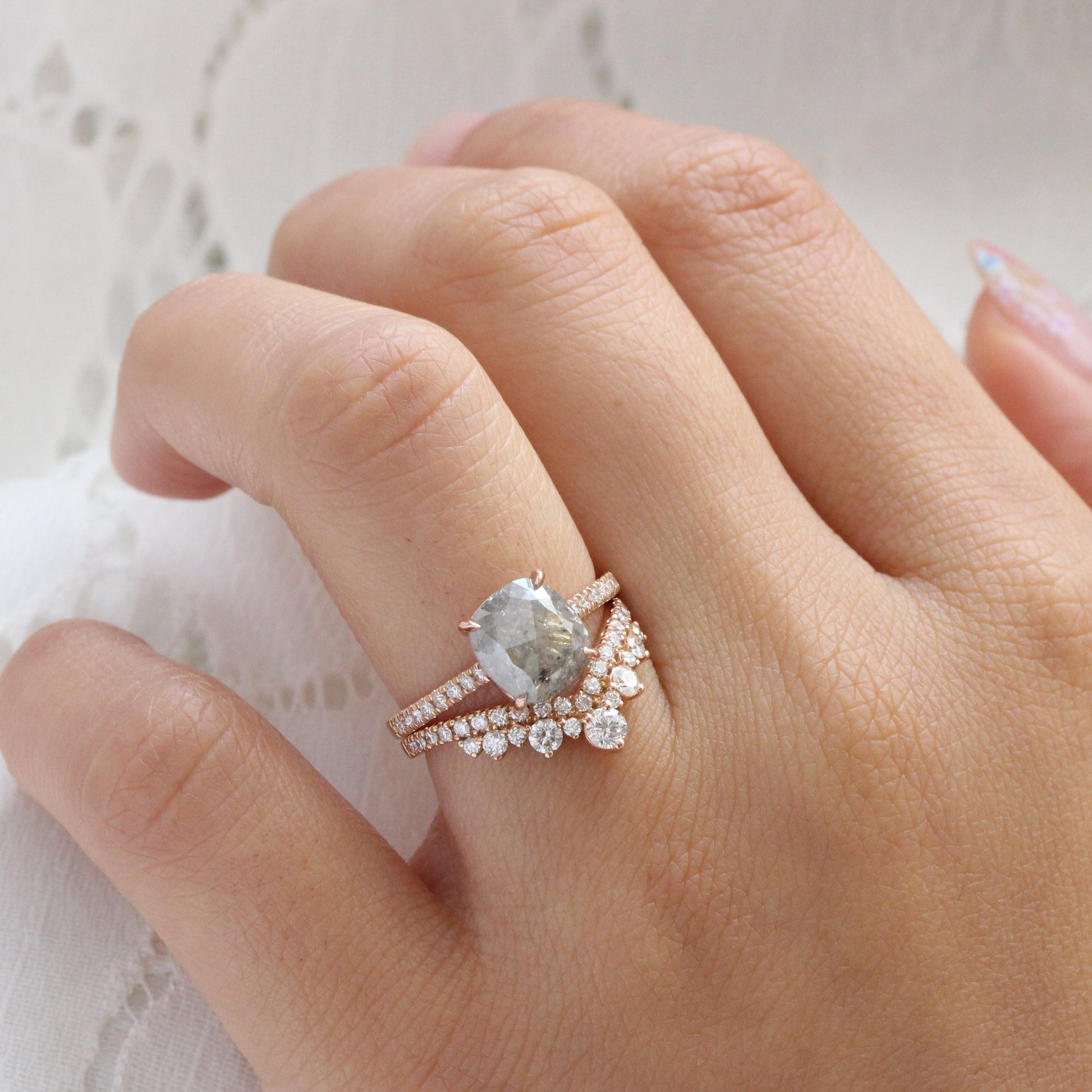 2.28 Ct Large Salt and Pepper Diamond Ring in 14k Rose Gold Solitaire Pave Band, Size 6.75