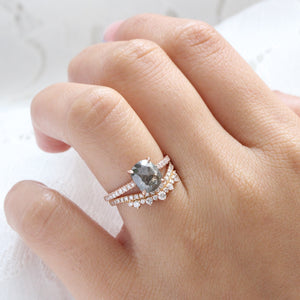 Cushion Cut Salt and Pepper Diamond Ring in 14k Rose Gold Solitaire Pave Band, Size 6.75