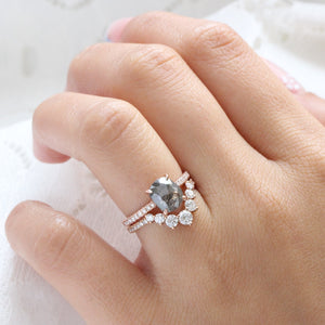 Cushion Cut Salt and Pepper Diamond Ring in 14k Rose Gold Solitaire Pave Band, Size 6.75