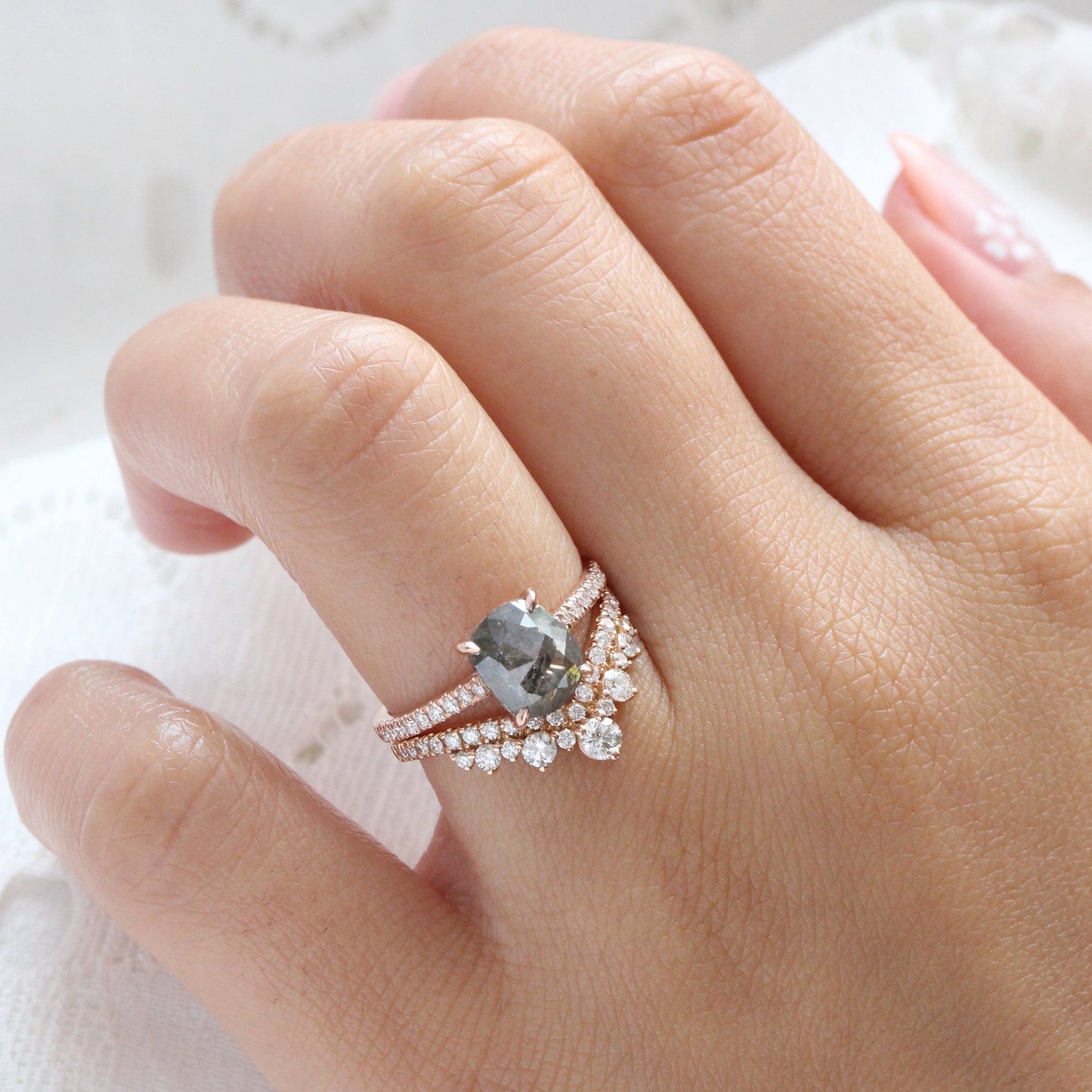 Cushion Cut Salt and Pepper Diamond Ring in 14k Rose Gold Solitaire Pave Band, Size 6.75