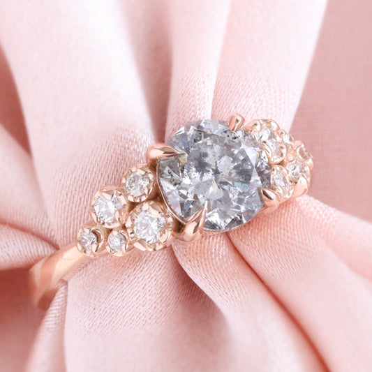 Round Salt and Pepper Diamond Ring in 14k Rose Gold Floral Cluster Ring, Size 6.5