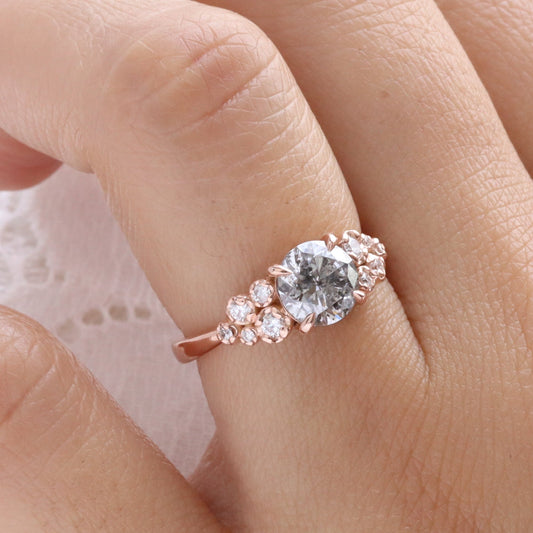 Round Salt and Pepper Diamond Ring in 14k Rose Gold Floral Cluster Ring, Size 6.5