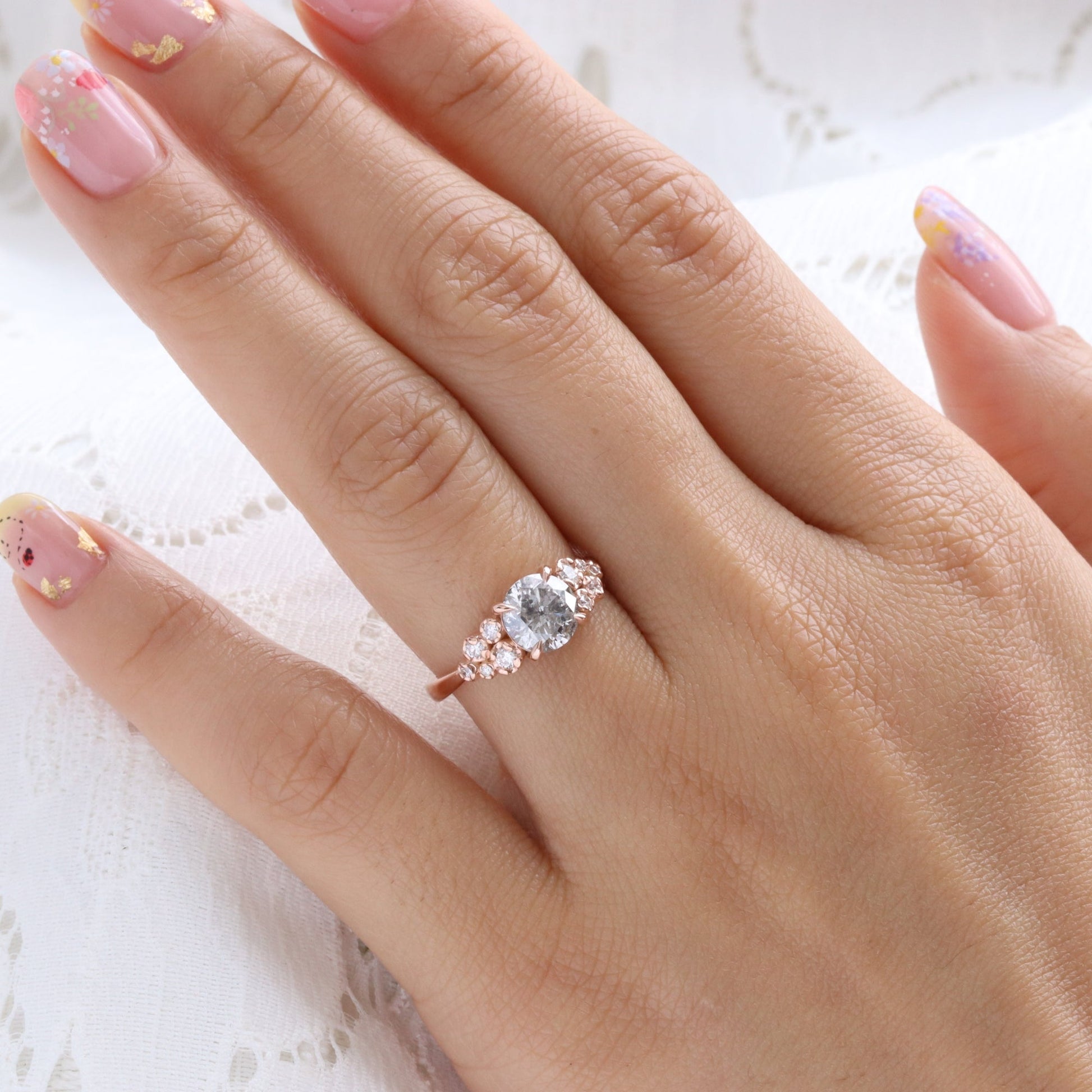 Round Salt and Pepper Diamond Ring in 14k Rose Gold Floral Cluster Ring, Size 6.5