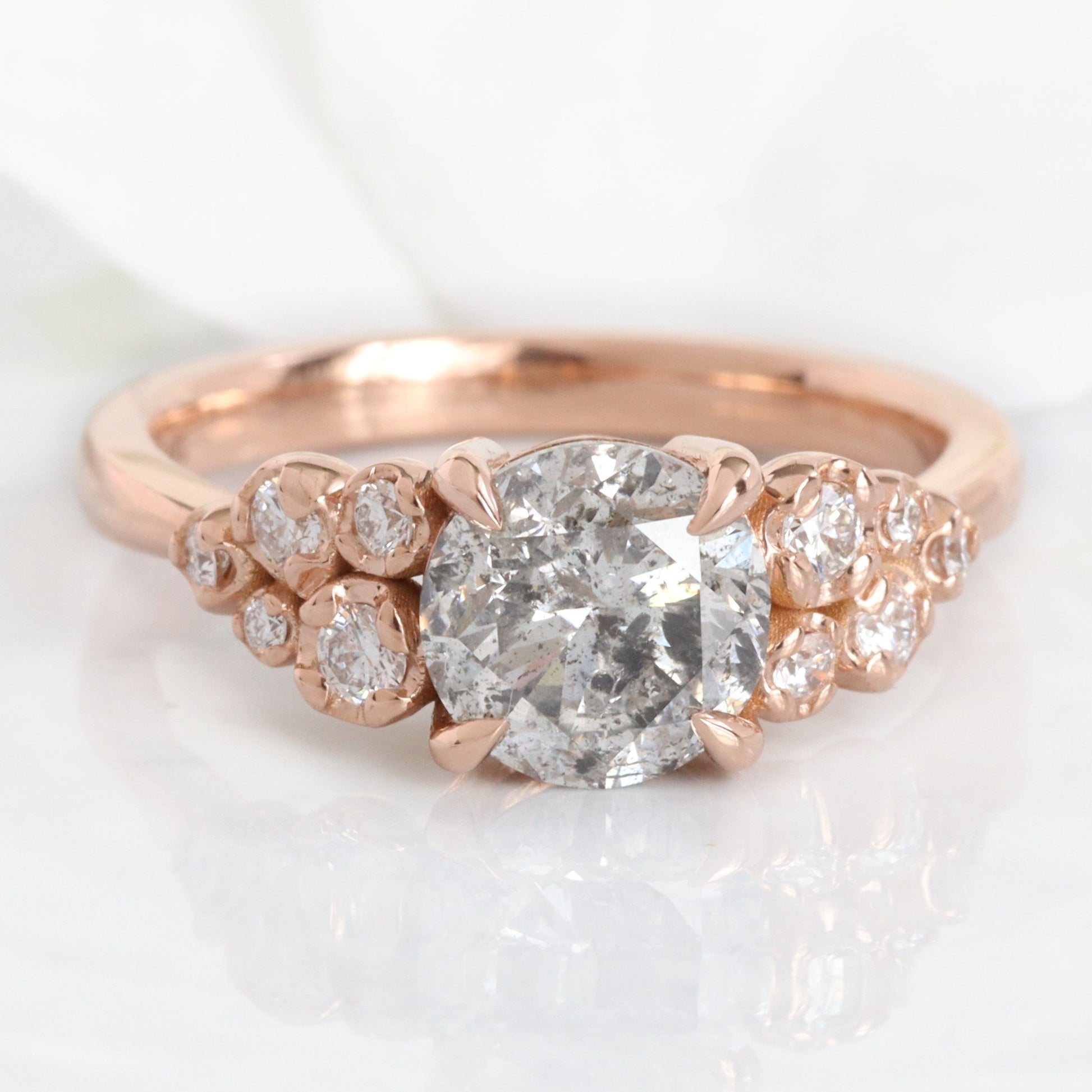 Round Salt and Pepper Diamond Ring in 14k Rose Gold Floral Cluster Ring, Size 6.5