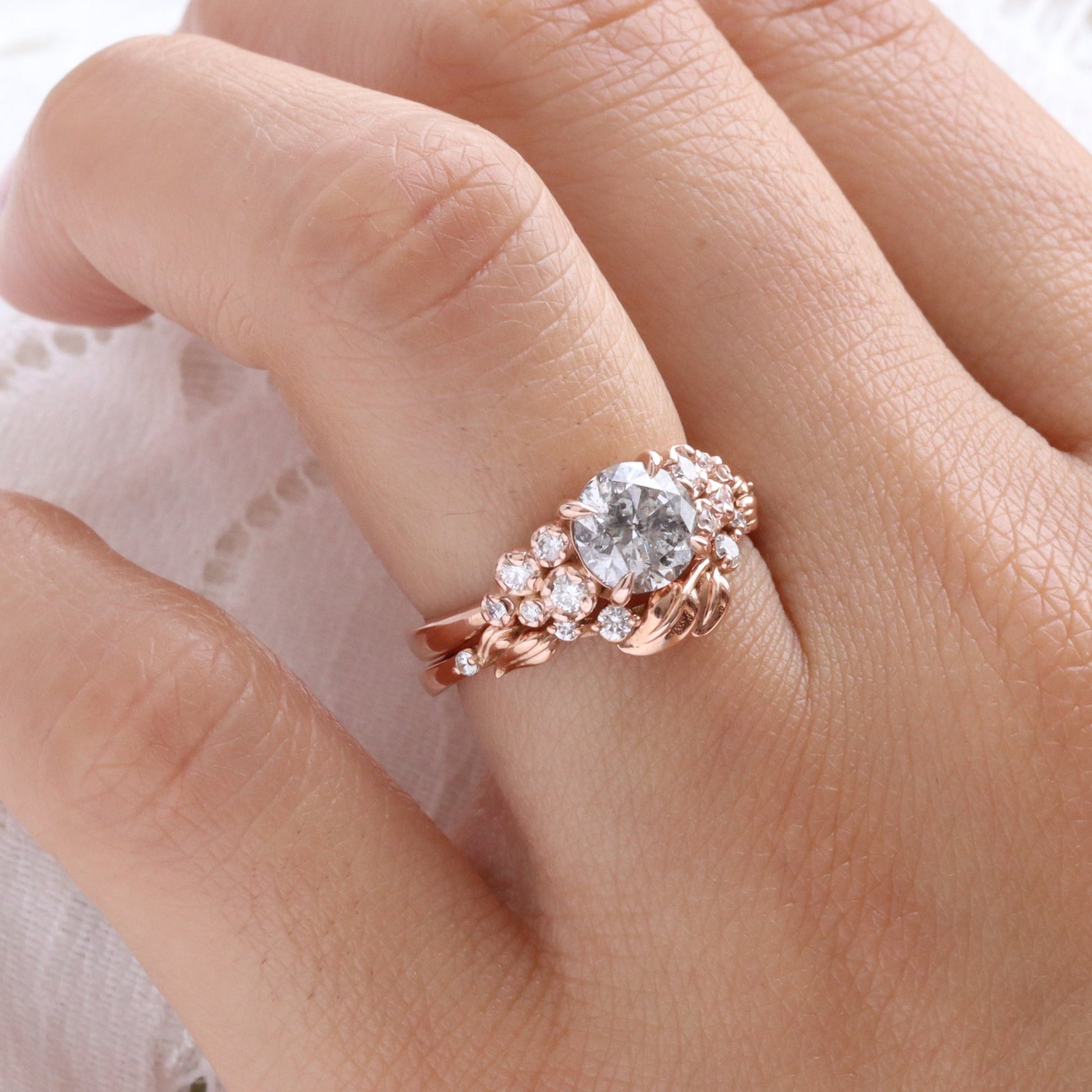 Round Salt and Pepper Diamond Ring in 14k Rose Gold Floral Cluster Ring, Size 6.5