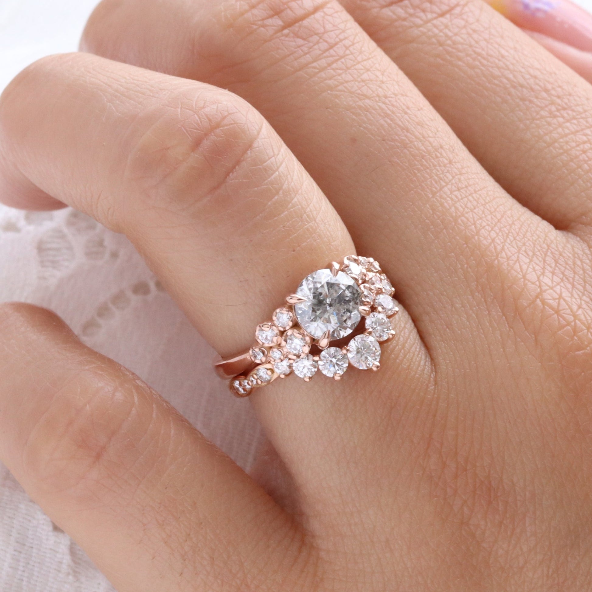 Round Salt and Pepper Diamond Ring in 14k Rose Gold Floral Cluster Ring, Size 6.5