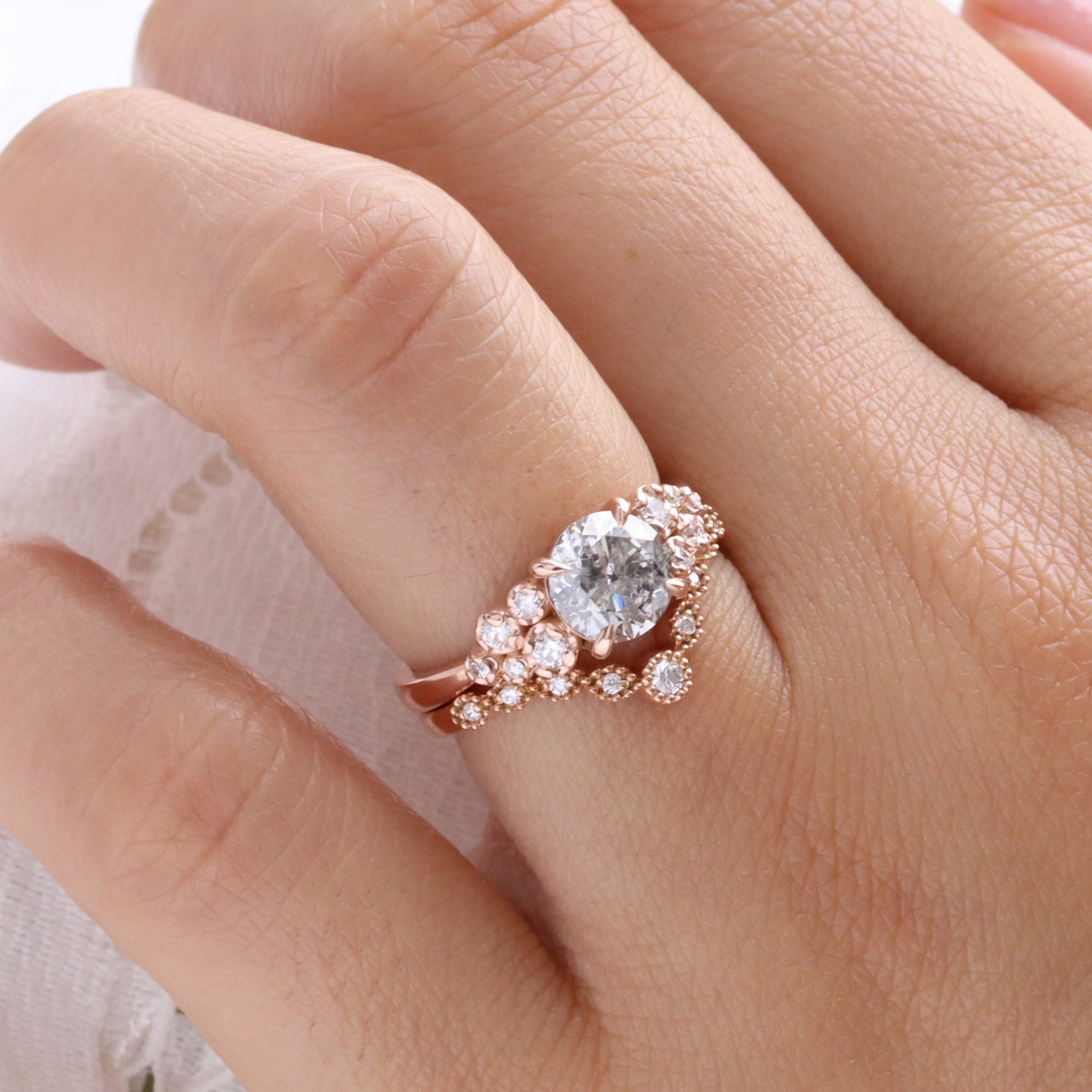Round Salt and Pepper Diamond Ring in 14k Rose Gold Floral Cluster Ring, Size 6.5