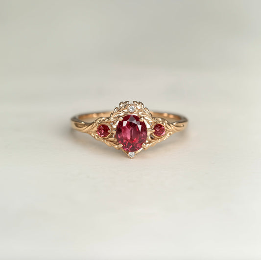 Scarlet Vine Ruby Ring, Vintage Style Ruby Ring, Oval Ruby engagement ring, Ruby Jewelry