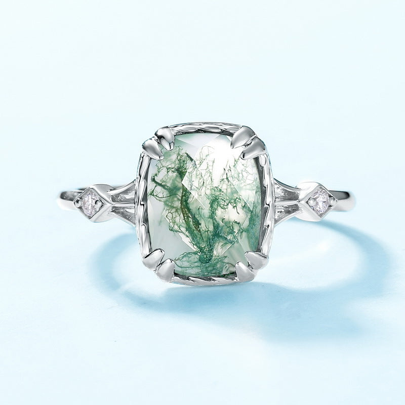 Minimalist Geometric Moss Agate Solitaire Ring in Sterling Silver
