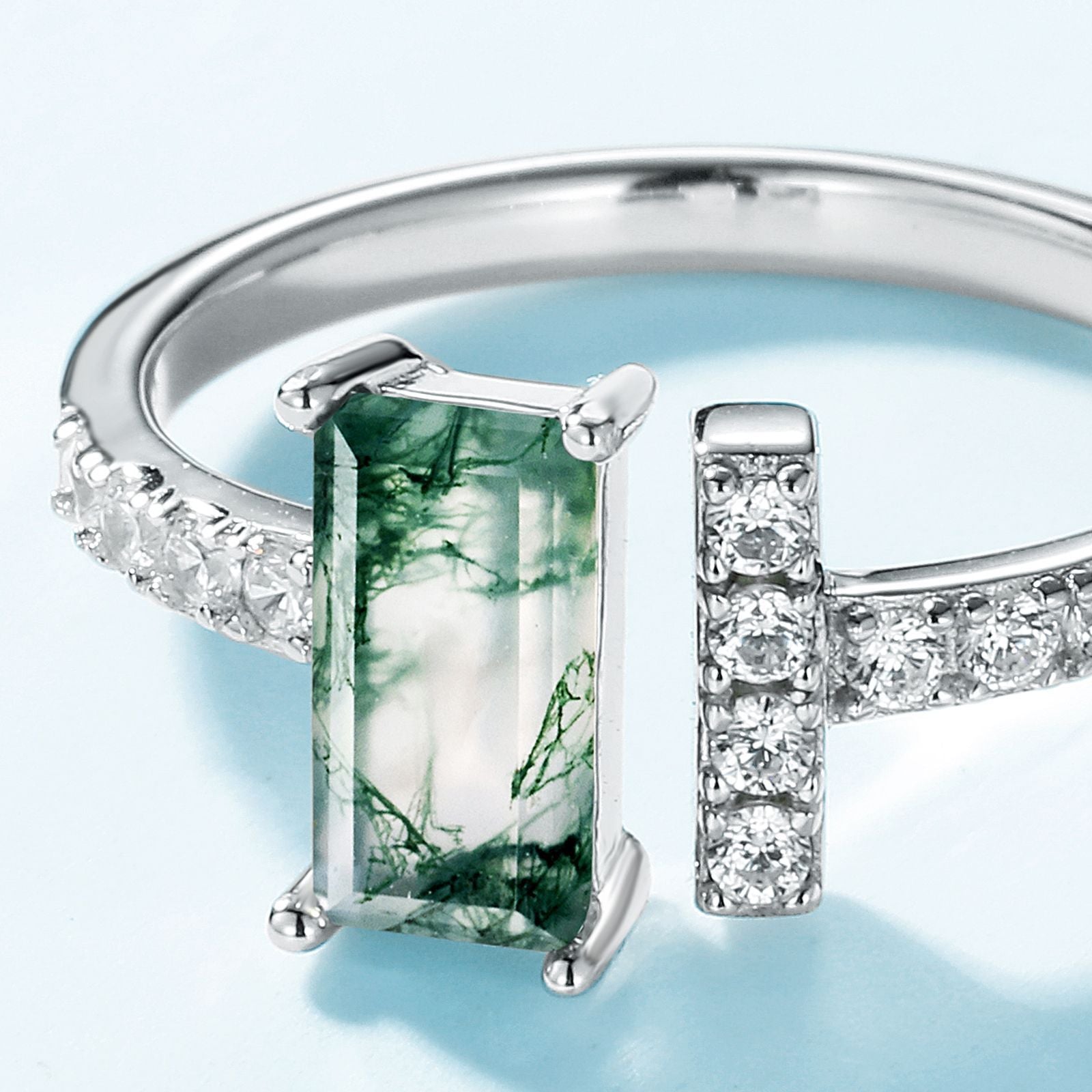 Statement Nail-Style Moss Agate Adjustable Open Ring in Sterling Silver