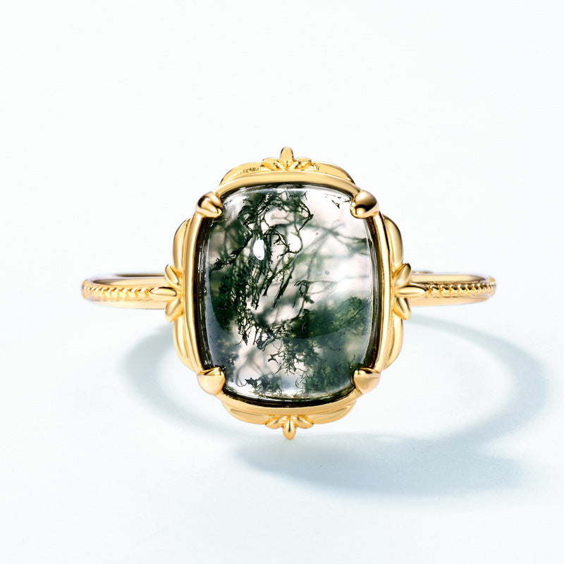 Minimalist Geometric Moss Agate Solitaire Ring in Sterling Silver