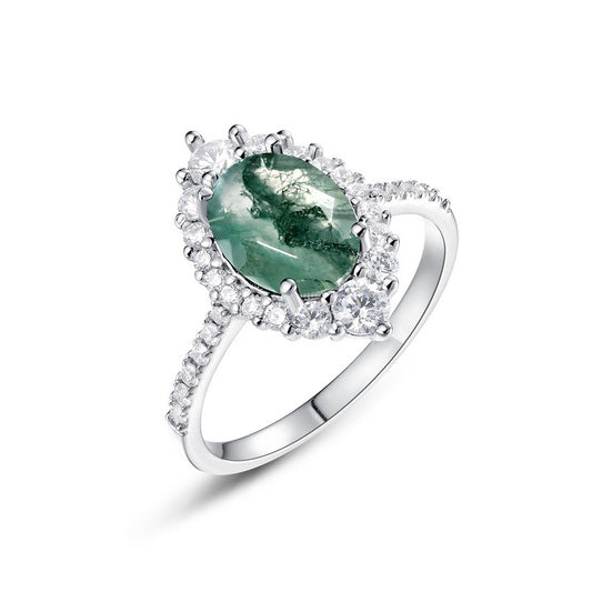 Elegance Minimalist Oval Moss Agate Statement Ring in Sterling Silver