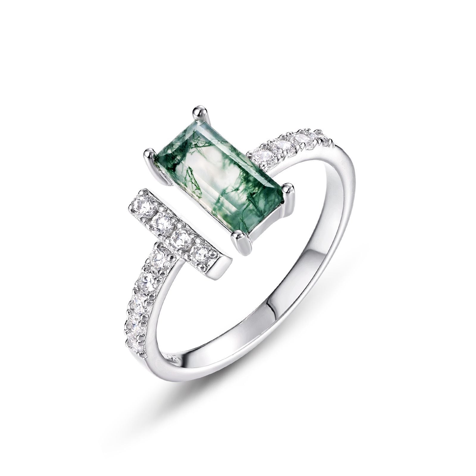 Statement Nail-Style Moss Agate Adjustable Open Ring in Sterling Silver