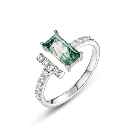 Statement Nail-Style Moss Agate Adjustable Open Ring in Sterling Silver