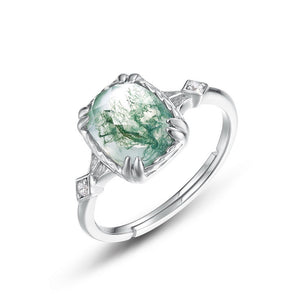 Minimalist Geometric Moss Agate Solitaire Ring in Sterling Silver