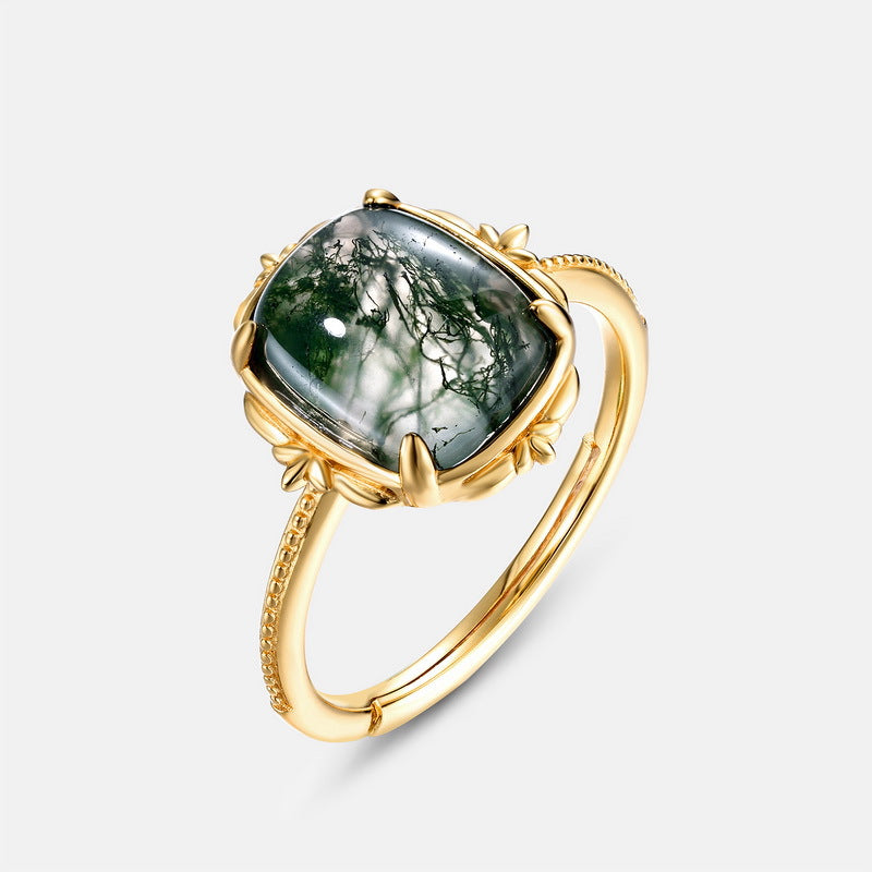 Minimalist Geometric Moss Agate Solitaire Ring in Sterling Silver