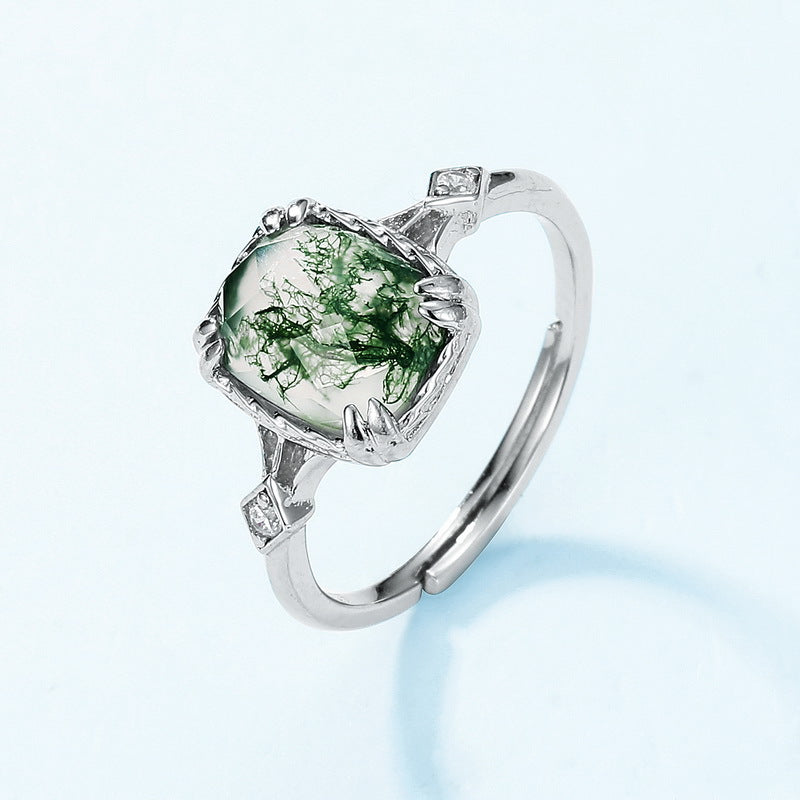 Minimalist Geometric Moss Agate Solitaire Ring in Sterling Silver