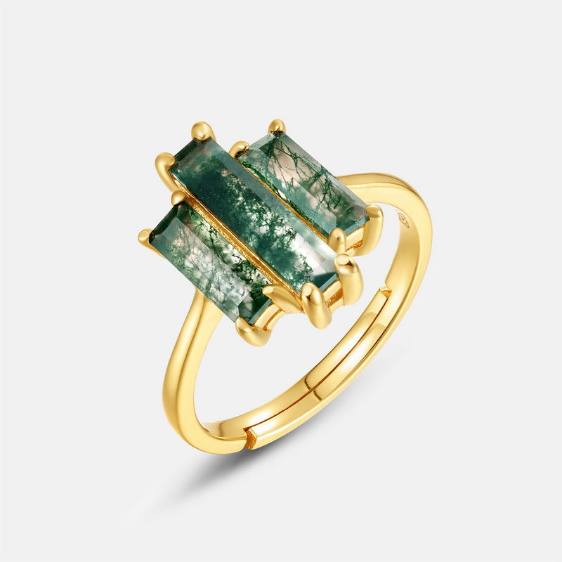 Geometric Tri-Panel Moss Agate Gold Statement Adjustable Open Ring