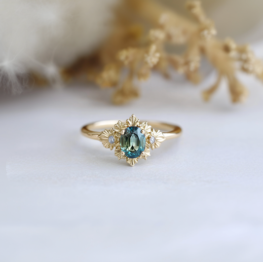 Blue Fairy Sapphire ring, Rare Green Blue Sapphire Engagement ring