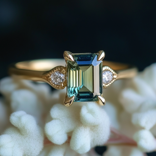 2CT Emerald Cut Green Gemstone Leafy Engagement Ring