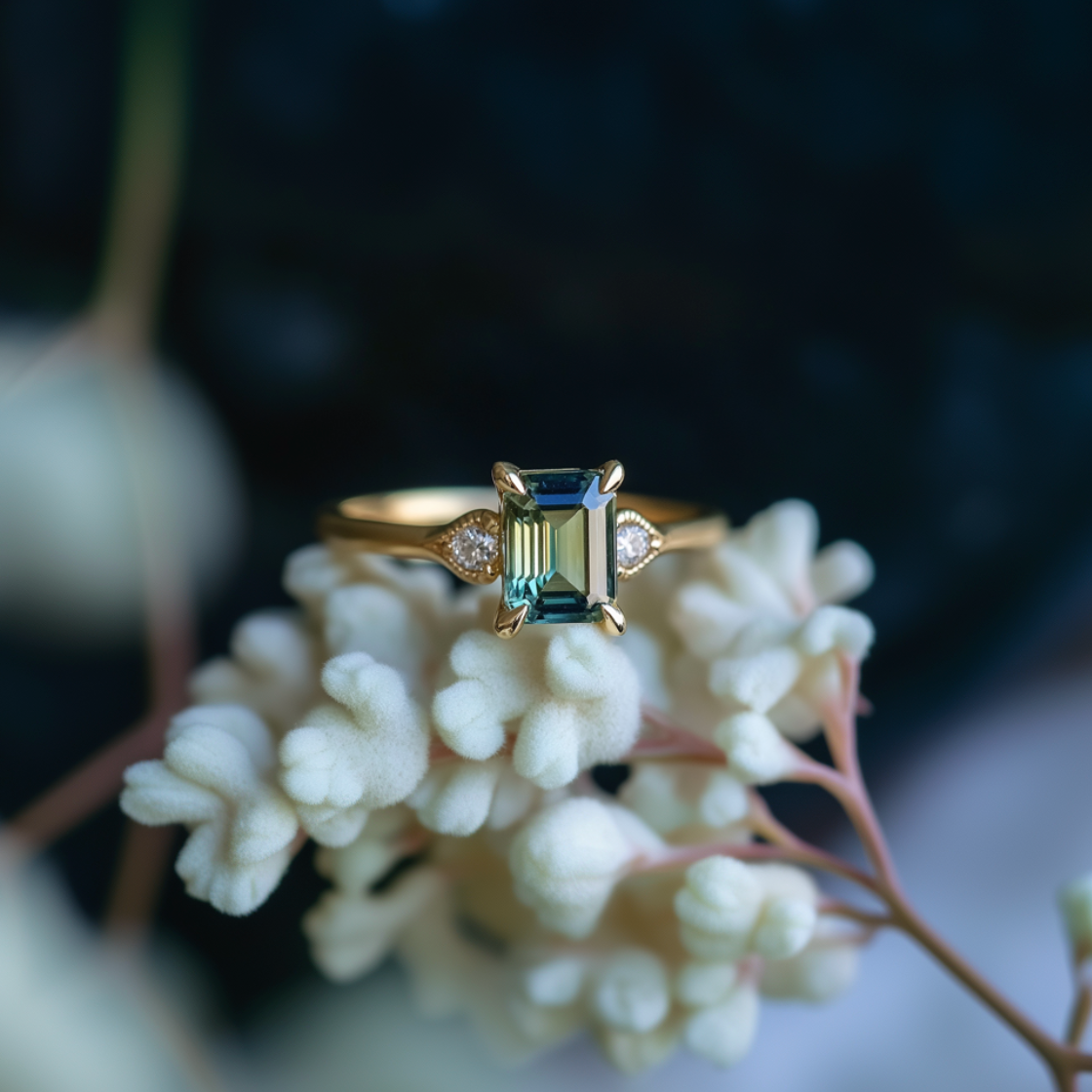 2CT Emerald Cut Green Gemstone Leafy Engagement Ring