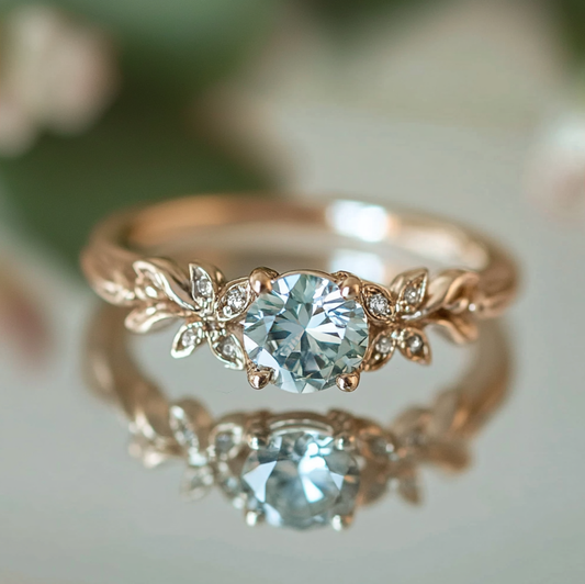 Nature 1CT Round Cut Blue Gemstone Leafy Engagement Ring
