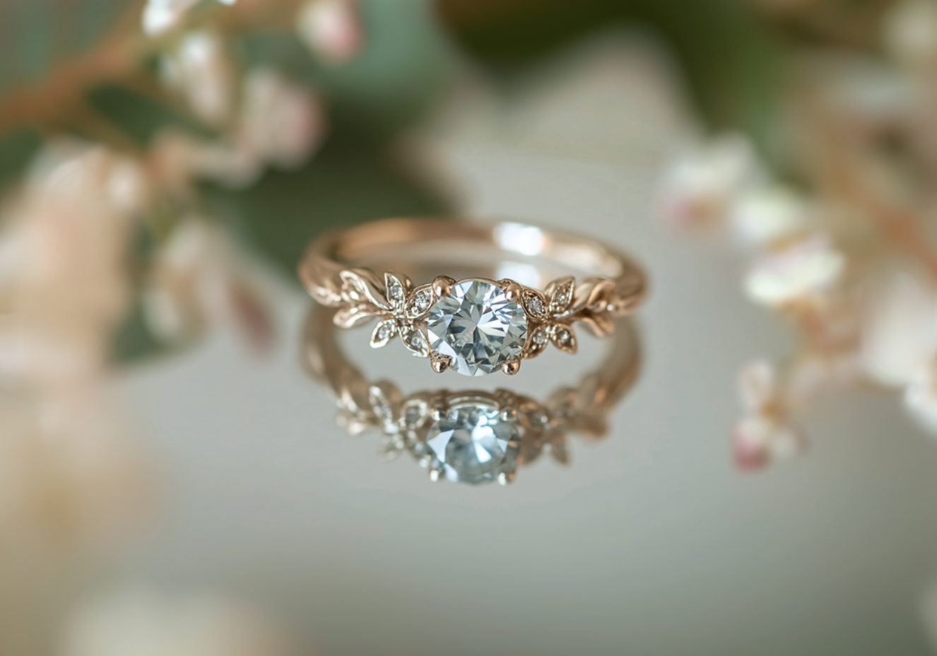 Nature 1CT Round Cut Blue Gemstone Leafy Engagement Ring