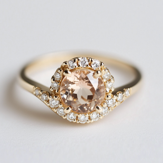 Morning Dew Champagne Moissanite Engagement Ring, Halo Moissanite Engagement Band