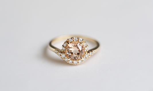 Morning Dew Champagne Moissanite Engagement Ring, Halo Moissanite Engagement Band