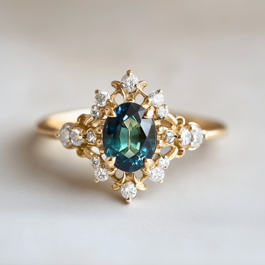 Isis’ Crown Teal Sapphire ring, Rare Green Blue Sapphire Engagement ring