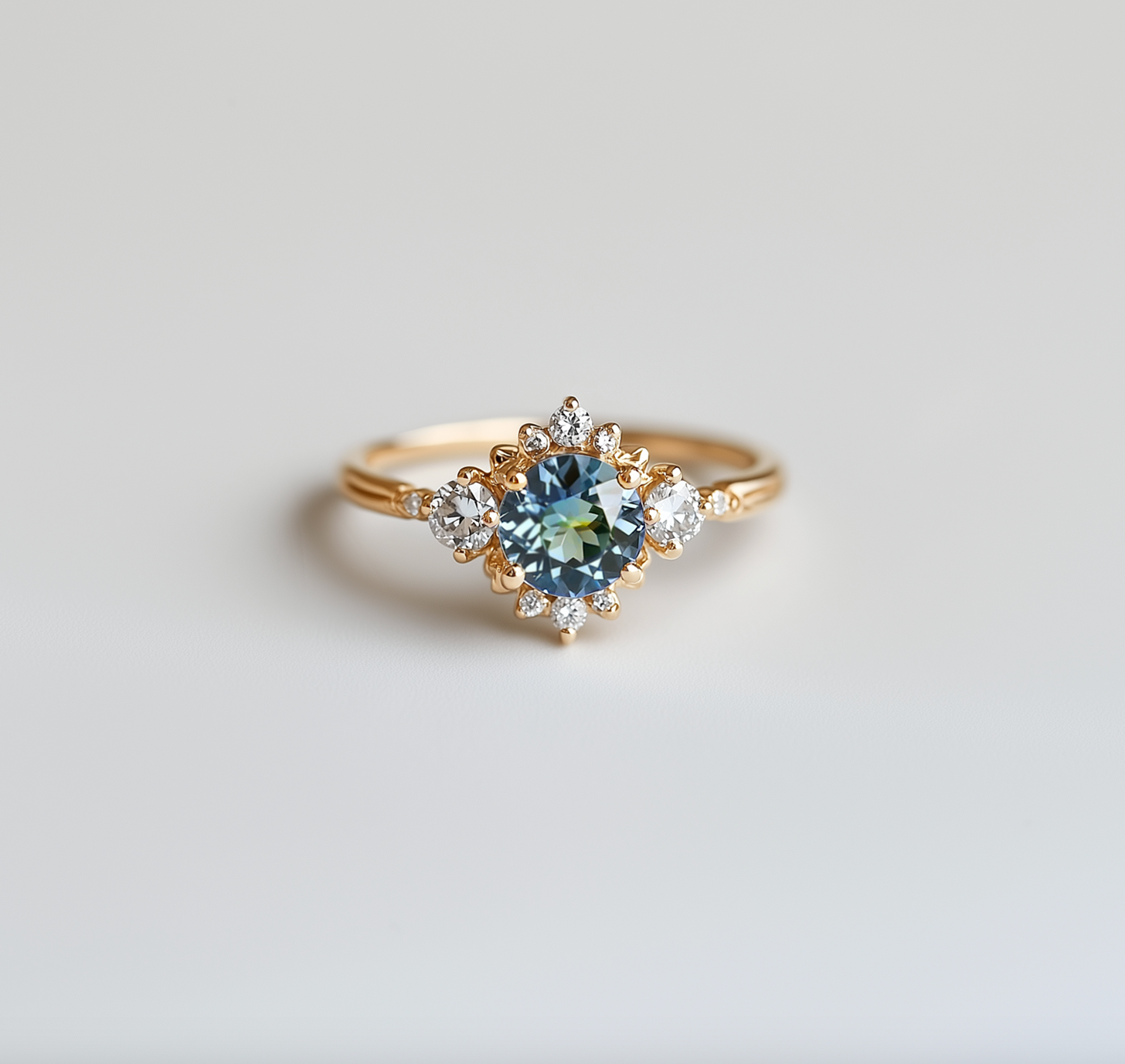 Aqua Crescent 14k Gold Blue Sapphire ring, Rare Green Blue Sapphire Engagement ring