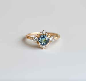 Aqua Crescent 14k Gold Blue Sapphire ring, Rare Green Blue Sapphire Engagement ring