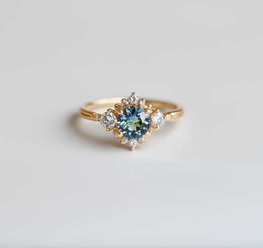 Aqua Crescent 14k Gold Blue Sapphire ring, Rare Green Blue Sapphire Engagement ring