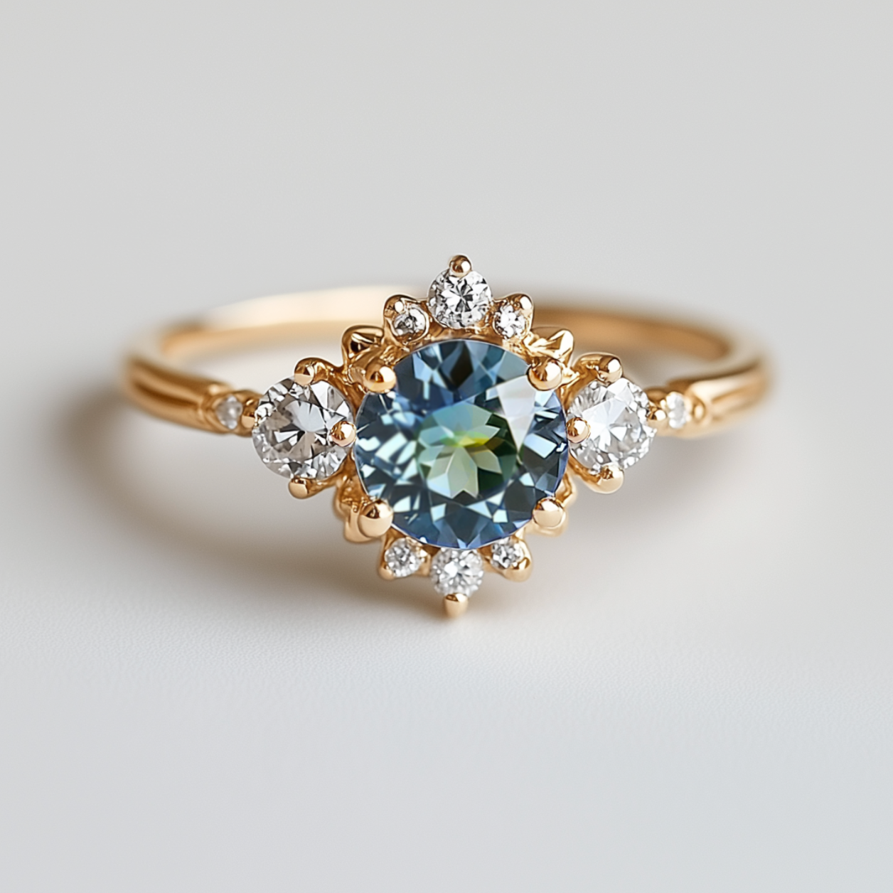 Aqua Crescent 14k Gold Blue Sapphire ring, Rare Green Blue Sapphire Engagement ring