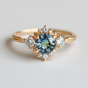Aqua Crescent 14k Gold Blue Sapphire ring, Rare Green Blue Sapphire Engagement ring