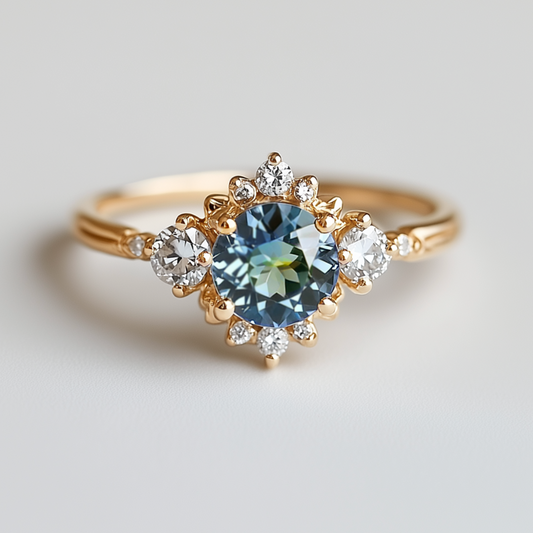 Aqua Crescent 14k Gold Blue Sapphire ring, Rare Green Blue Sapphire Engagement ring