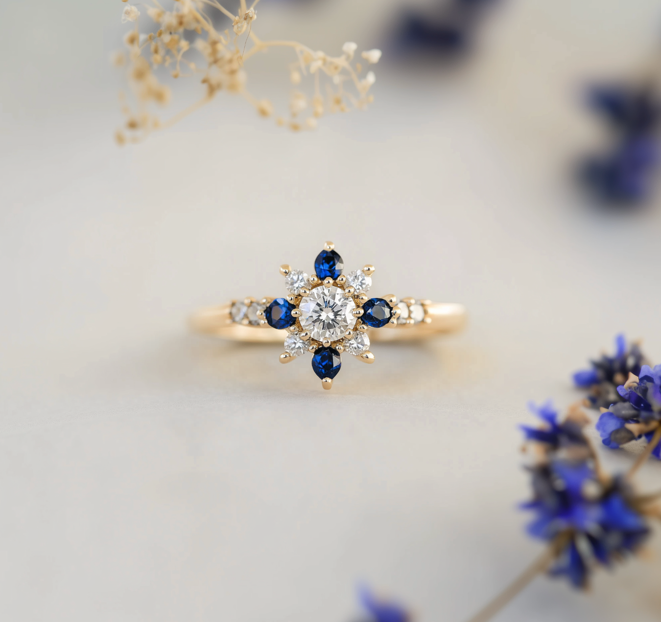 Anemone, 14k Gold Natural Blue Sapphire ring, Sapphire Engagement Ring