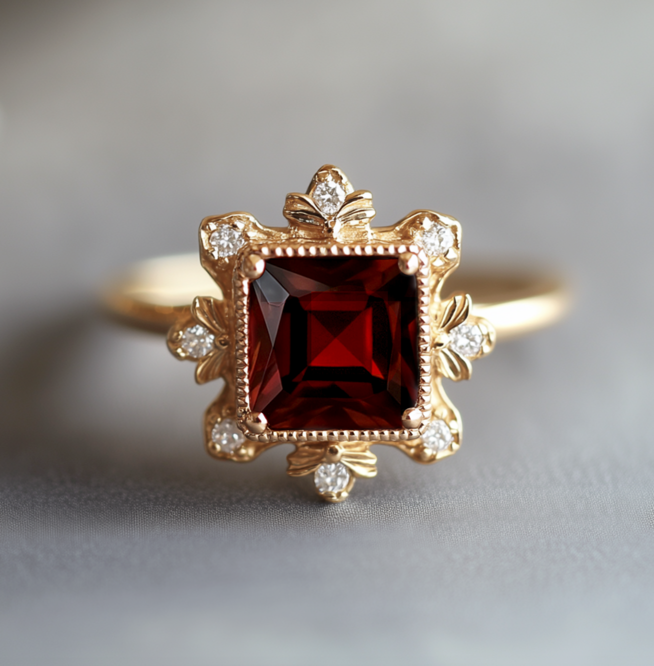 Baroque Flame Red Square Garnet Ring, Red Garnet engagement ring
