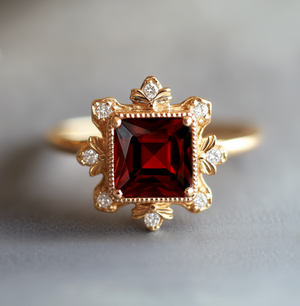 Baroque Flame Red Square Garnet Ring, Red Garnet engagement ring