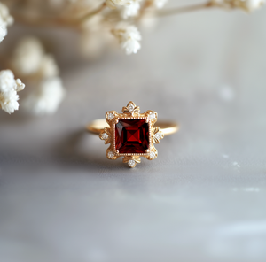 Baroque Flame Red Square Garnet Ring, Red Garnet engagement ring