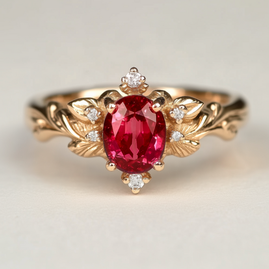 Botanic Ember Ruby Ring, Vintage Style Ruby Ring, Oval Ruby engagement ring, Ruby Jewelry
