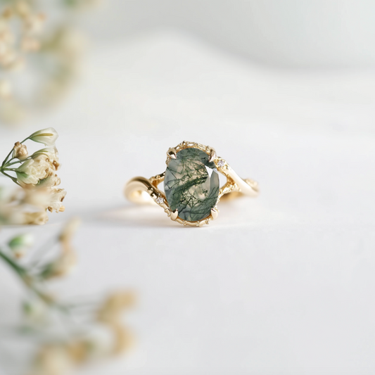 Mirelle Oval Moss agate ring with diamond, Engagement ring, Solid Gold Moss agate Ring