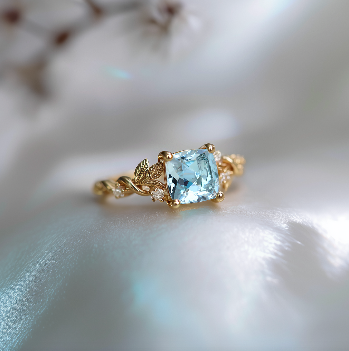Clear Blue Aquamarine Engagement Ring, Cushion Aquamarine Engagement ring