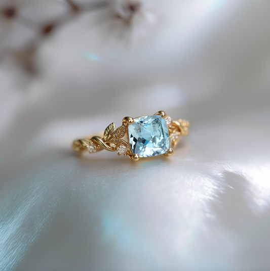 Clear Blue Aquamarine Engagement Ring, Cushion Aquamarine Engagement ring