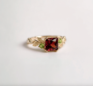 Wineleaf cushion Garnet Ring, Deep red Garnet engagement ring, Red Garnet Ring (Copy)