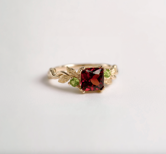 Wineleaf cushion Garnet Ring, Deep red Garnet engagement ring, Red Garnet Ring (Copy)