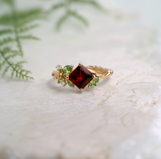 Gold Garnet Engagement Ring, Deep red Garnet engagement ring, Princess Cut Red Garnet Ring
